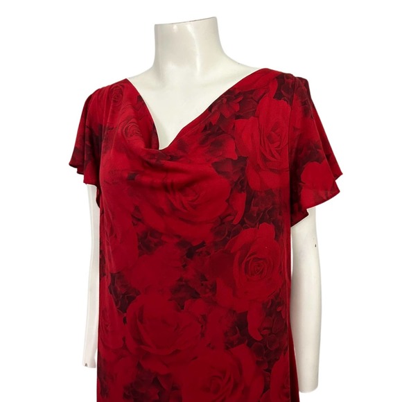 1990s Whimsy Goth Red Rose Party Dress Flutter Sleeve / Women’s Large - Picture 2 of 4